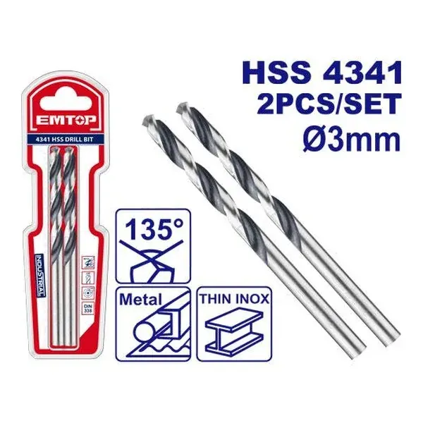 Комплет 2 HSS бургии 3мм Emtop ETDB310302 - преден поглед - Centimetar