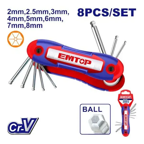 Комплет од 8 hex клучеви Emtop EHKY4082 - преден поглед - Centimetar