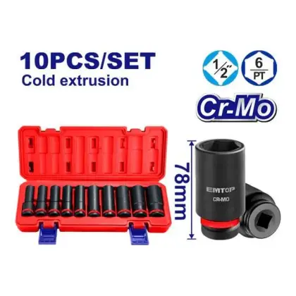 Комплет ударни долги насадни клучеви 1/2" Emtop EMSS12102L, Клучеви