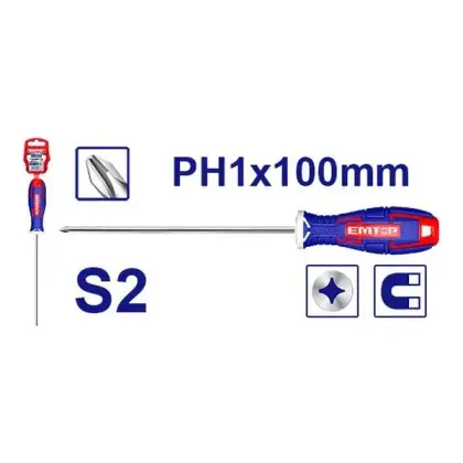 Одвртувач крстач PH1x100mm Emtop ESDRPH1402, Шрафцигери