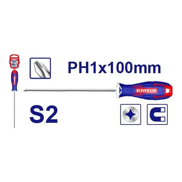 Одвртувач крстач PH1x100mm Emtop ESDRPH1402 - преден поглед - Centimetar