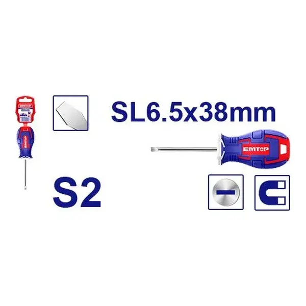 Одвртувач прав SL6.5x38mm Emtop ESDRSL6382 - преден поглед - Centimetar
