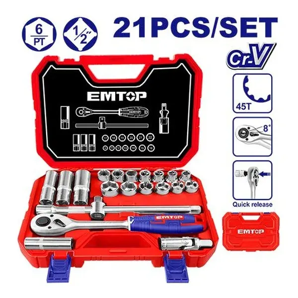 Сет 21 парчиња крцкалка со патенти 1/2" Emtop ESKT12211 - преден поглед - Centimetar
