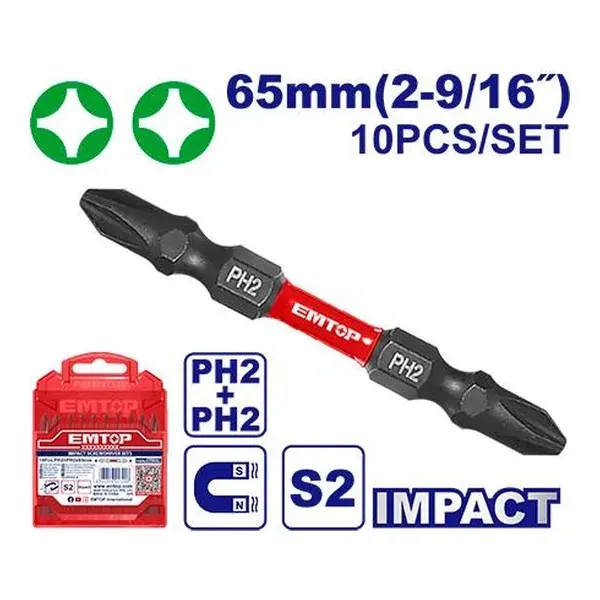 Сет од 10 битови PH2 65mm Emtop ESBTMPH233 - преден поглед - Centimetar