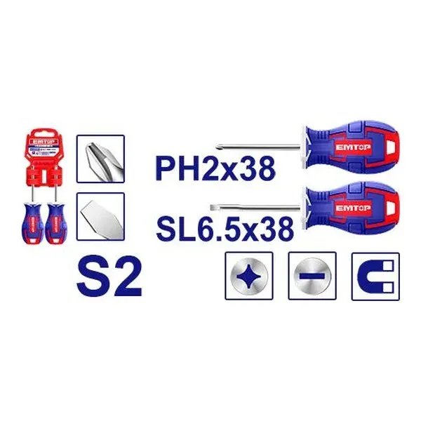 Сет од 2 одвртувач SL6.5 и PH2 Emtop ESST03803 - преден поглед - Centimetar
