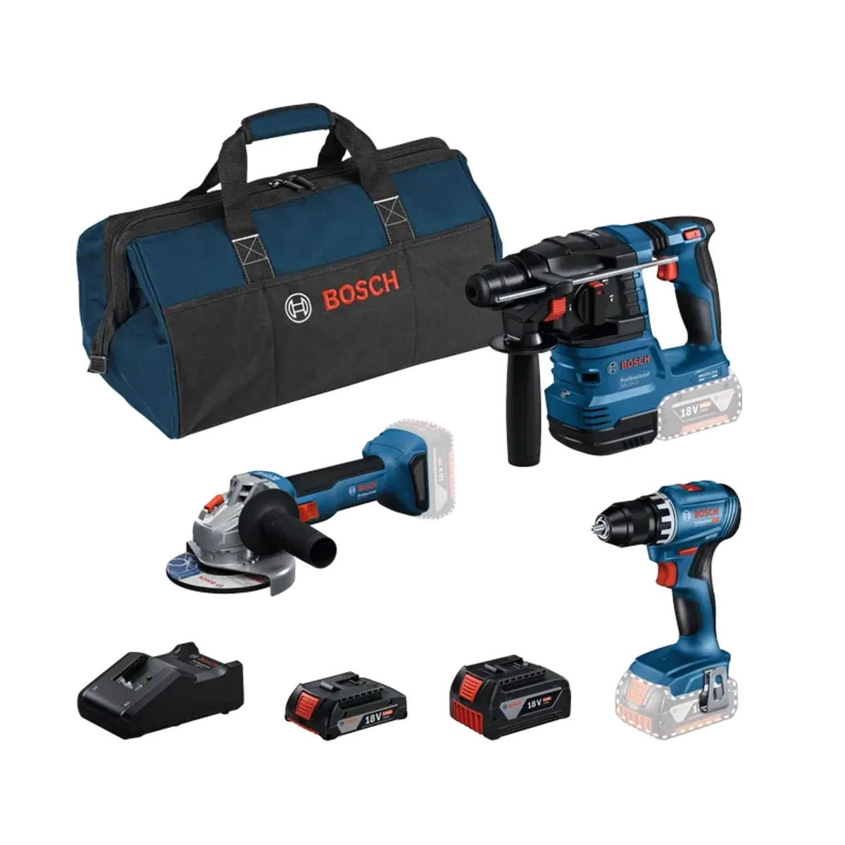Bosch Сет GSR 18V-45 + GBH 18V-22 + GWS 18V-8 + GBA 4.0Ah + GBA 2.0Ah + GAL 18V-40 + торба - Bosch